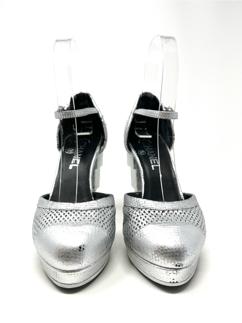 Vintage Chanel Silver Leather CC Logo Cap Toe Platform High Heels Pumps 36.5 - Picture 9 of 15